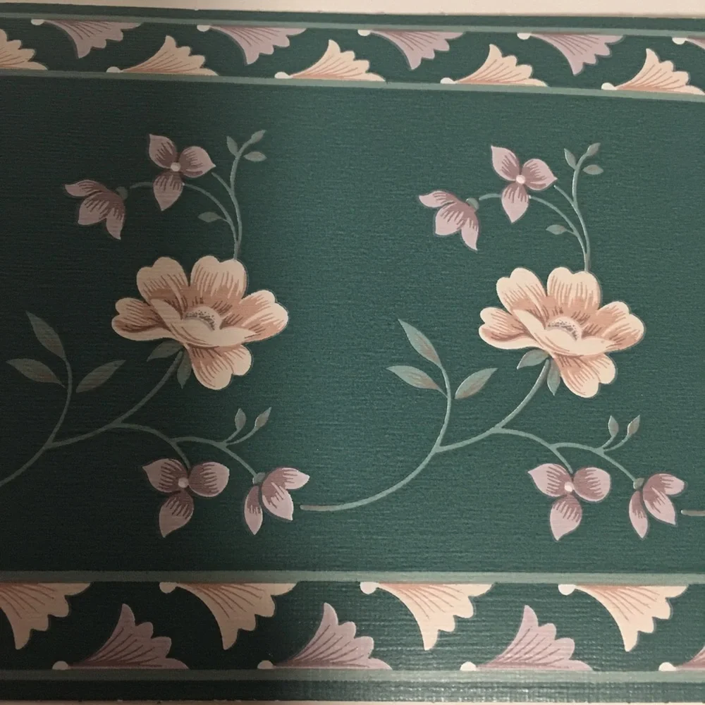 WALLPAPER BORDER GREEN PASTEL PINK FLOWERS 5 1/4” 45’ total NIP